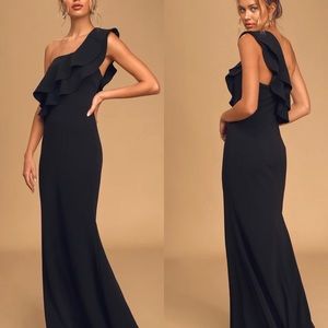 LULUS Dress Grand Beauty Black Ruffled One-Shoulder Mermaid Maxi Sz Small